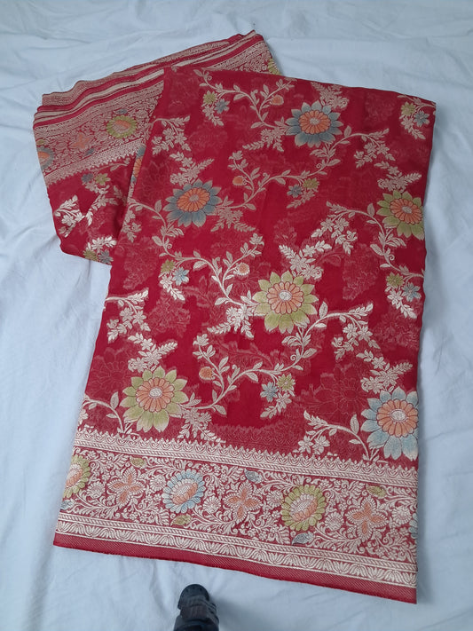 Mughlai Jaal Handbrush Georgette Saree